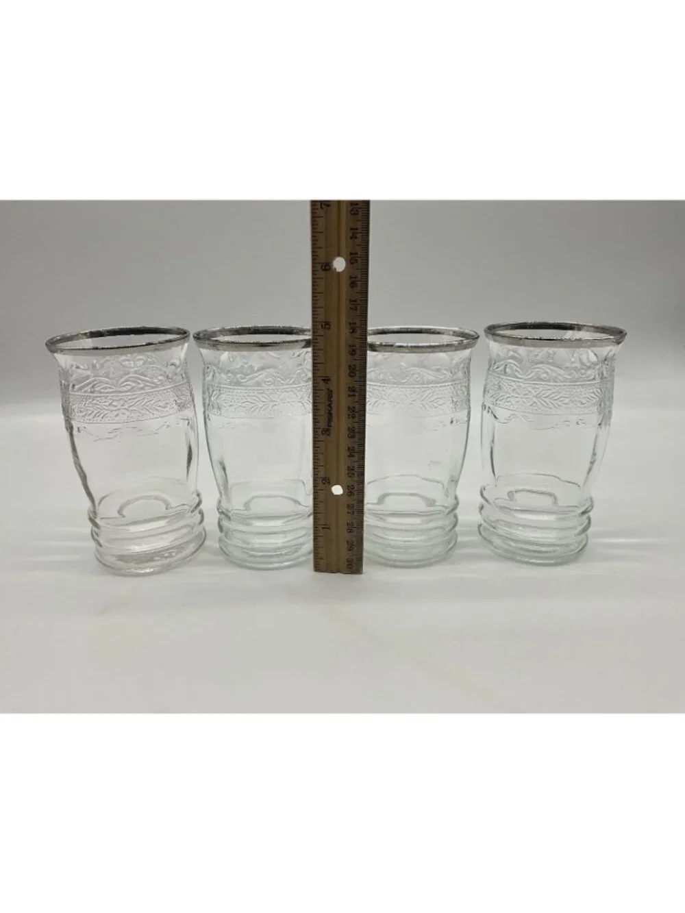 MacBeth -Evans Strippled Rose Band Clear Depression Glass Tumbler w/silver Rim